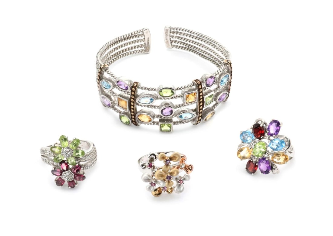 Vintage Lot of 4 Sterling Silver Cuff Bracelet & Gem Rings: Vintage Lot of 4 Sterling Silver Cuff Bracelet & Gem Rings Discover this exquisite lot featuring four beautiful pieces made from sterling silver, enhanced with yellow gold tone accents. The collection