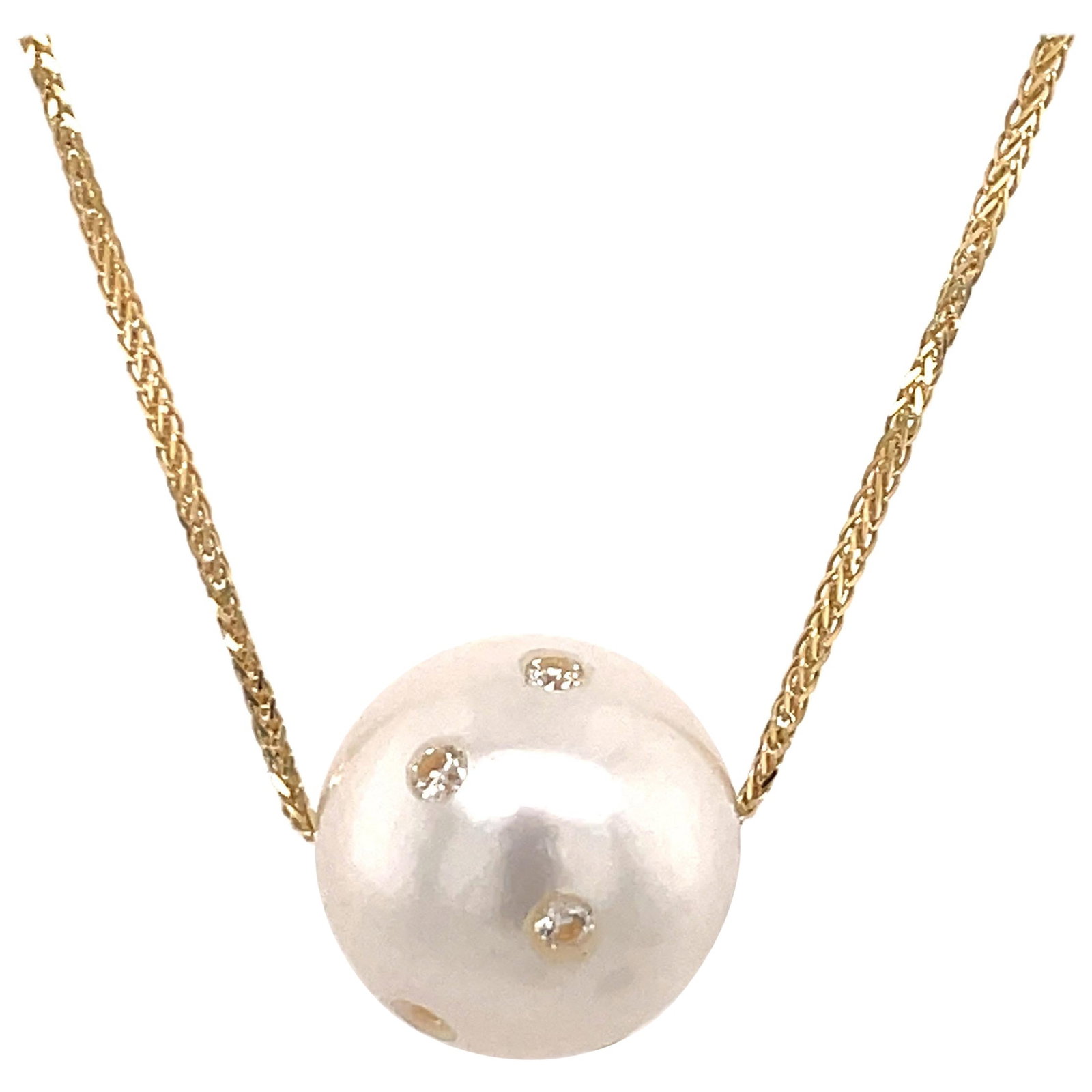 Harbor Diamonds 18K Yellow Gold South Sea Pearl Pendant with 0.25ct Diamonds: Harbor Diamonds 18K Yellow Gold South Sea Pearl Pendant with 0.25ct Diamonds This exquisite slider pendant necklace features a stunning South Sea Pearl, measuring 15-16 mm, elegantly set in luxurious 