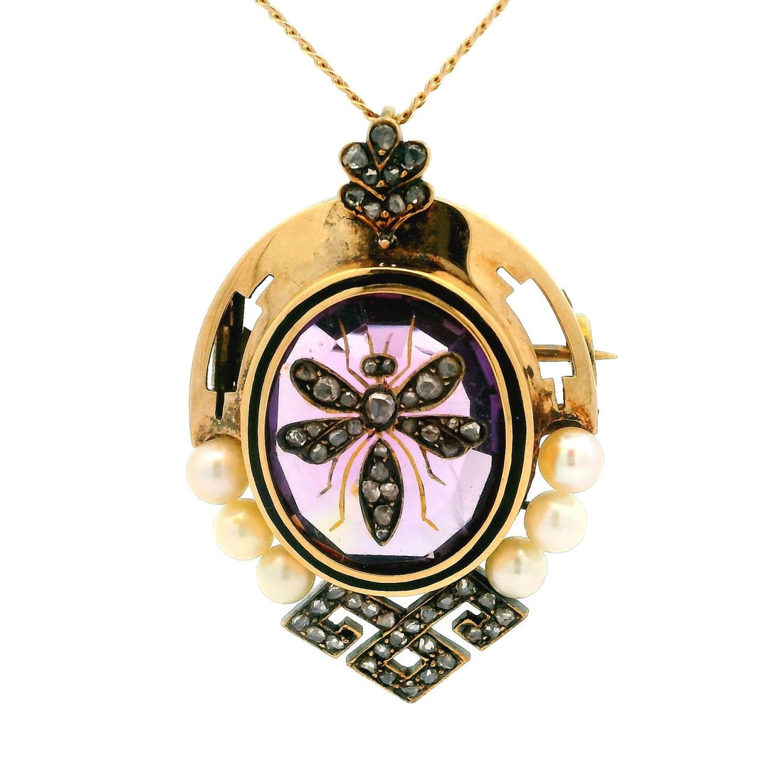 Antique Victorian 18k Gold Amethyst Pearl Diamond Bee Pendant Necklace: Antique Victorian 18k Gold Amethyst Pearl Diamond Bee Pendant Necklace This exquisite Antique Victorian Necklace features a stunning combination of 18k solid yellow gold, amethyst, cultured pearls, an
