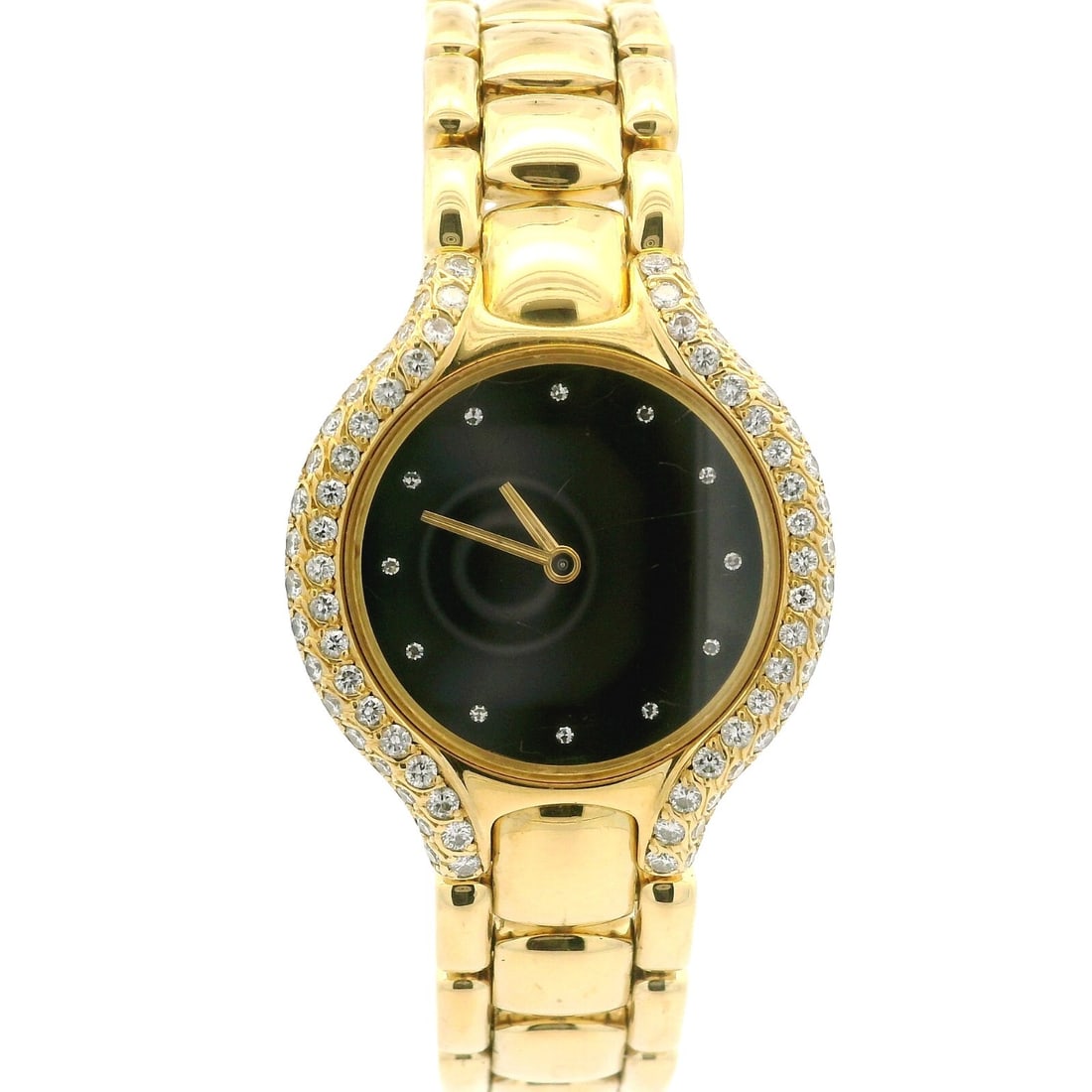 Ebel Beluga 18k Yellow Gold Diamond Watch Black Dial Ref. 866969: Ebel Beluga 18k Yellow Gold Diamond Watch Black Dial Ref. 866969 This Ebel Beluga wristwatch is a stunning piece crafted from solid 18k yellow gold, featuring a polished case with a diameter of 24 mm 