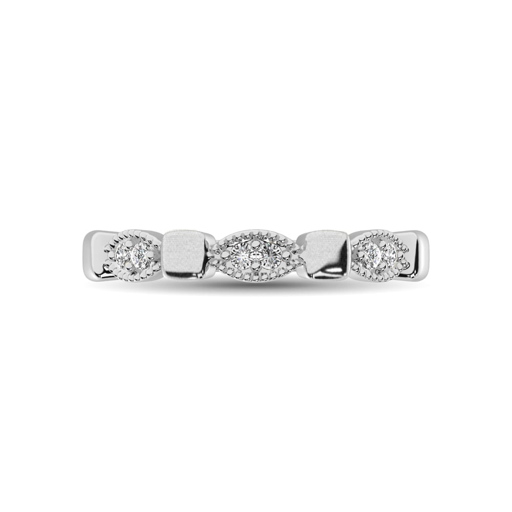 14K White Gold 1/10 Ct.Tw. Diamond Stackable Band: 14K White Gold 1/10 Ct.Tw. Diamond Stackable Band This glamorous ring is available in 14K White Gold. There are 6 round diamonds with a total carat weight of 1/10 Ct.Tw. set in a Shared Prong setting.