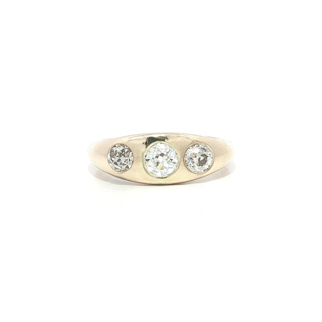Unbranded 8-9k Yellow Gold Gypsy Band Ring with 3 Old European Cut Diamonds: Unbranded 8-9k Yellow Gold Gypsy Band Ring with 3 Old European Cut Diamonds Pre-owned English gypsy band ring featuring three natural old European cut diamonds in a burnish-set design. Crafted in soli