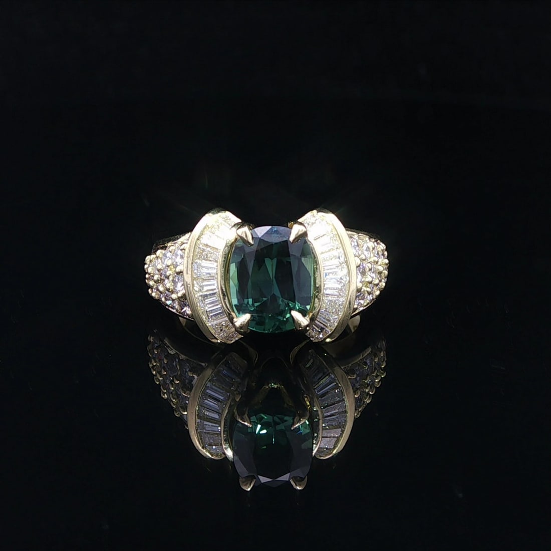 18k Gold GIA Certified 3.12ct Green Sapphire Diamond Cocktail Ring: 18k Gold GIA Certified 3.12ct Green Sapphire Diamond Cocktail Ring This substantial cocktail ring features a stunning natural greenish blue sapphire, weighing 2.02 carats, set in solid 18k yellow gold