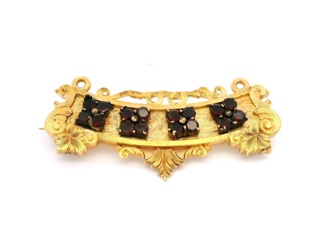 Vintage 14k Gold Silver Garnet Crown Tiara Brooch Pin: Vintage 14k Gold Silver Garnet Crown Tiara Brooch Pin This exquisite vintage brooch features a stunning crown tiara design adorned with clusters of (16) natural genuine garnets. Each garnet is an old 