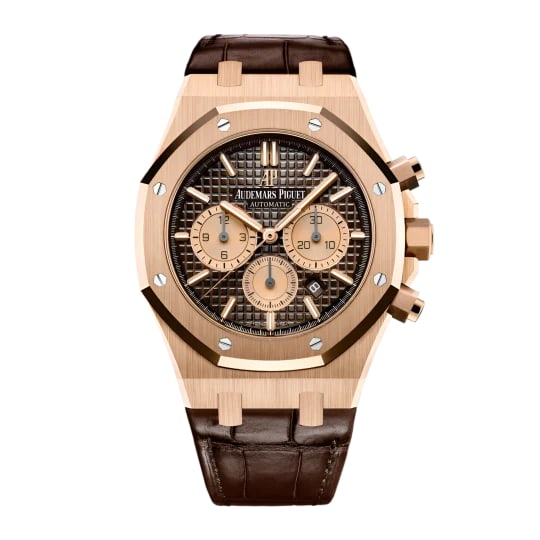 Royal Oak Chrono 26331OR.OO.D821CR.01 Brown Dial Leather Card 2021: Royal Oak Chrono 26331OR.OO.D821CR.01 Brown Dial Leather Card 2021 The Audemars Piguet Royal Oak Chronograph features a brown dial and a fixed bezel, complemented by a leather bracelet. This men's tim