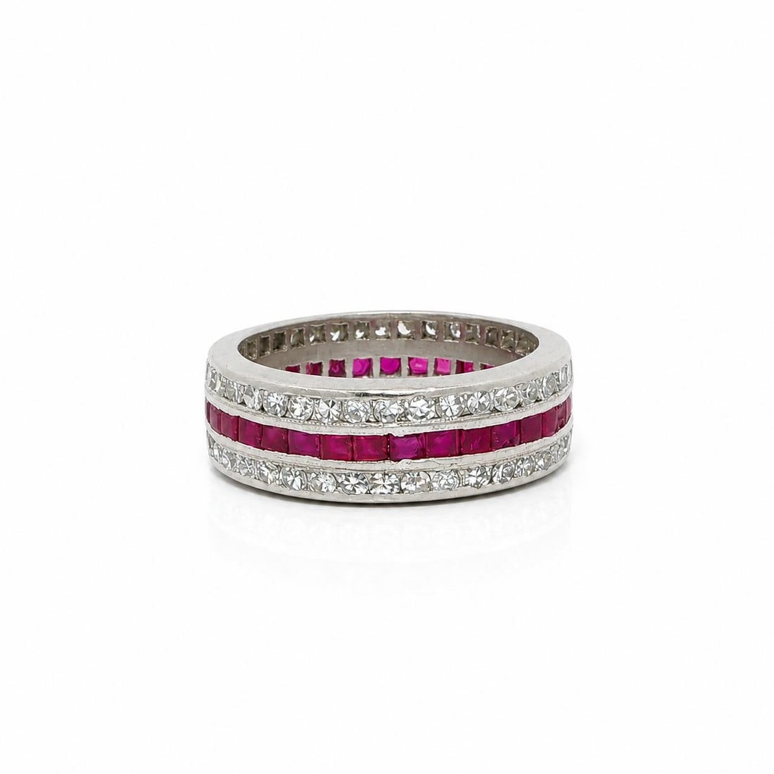 Platinum eternity band ring with rubies and diamonds Art Deco size 4.5: Platinum eternity band ring with rubies and diamonds Art Deco size 4.5 Antique Art Deco three-row eternity band ring crafted in solid .900+ platinum, set with natural genuine rubies and diamonds. This