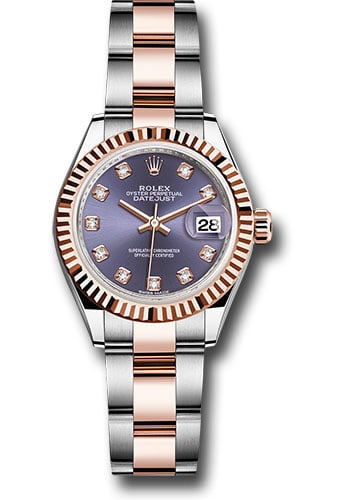 Rolex Datejust Lady Aubergine Diamond Dial Oyster Bracelet Ref 279171 Green Card: Rolex Datejust Lady Aubergine Diamond Dial Oyster Bracelet Ref 279171 Green Card This Rolex Datejust Lady features an aubergine diamond dial, fluted bezel, and an Oyster bracelet. It is designed for l