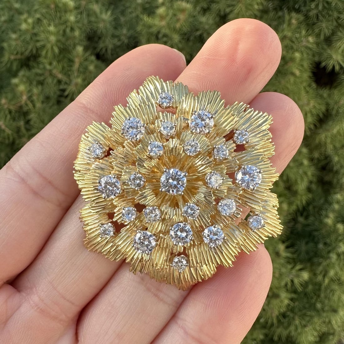 18k Yellow Gold 3.49ctw Diamond Flower Pendant Brooch Enhancer: 18k Yellow Gold 3.49ctw Diamond Flower Pendant Brooch Enhancer This stunning enhancer pendant brooch features a layered flower design crafted from solid 18k yellow gold. Adorned with a total of 3.49 c