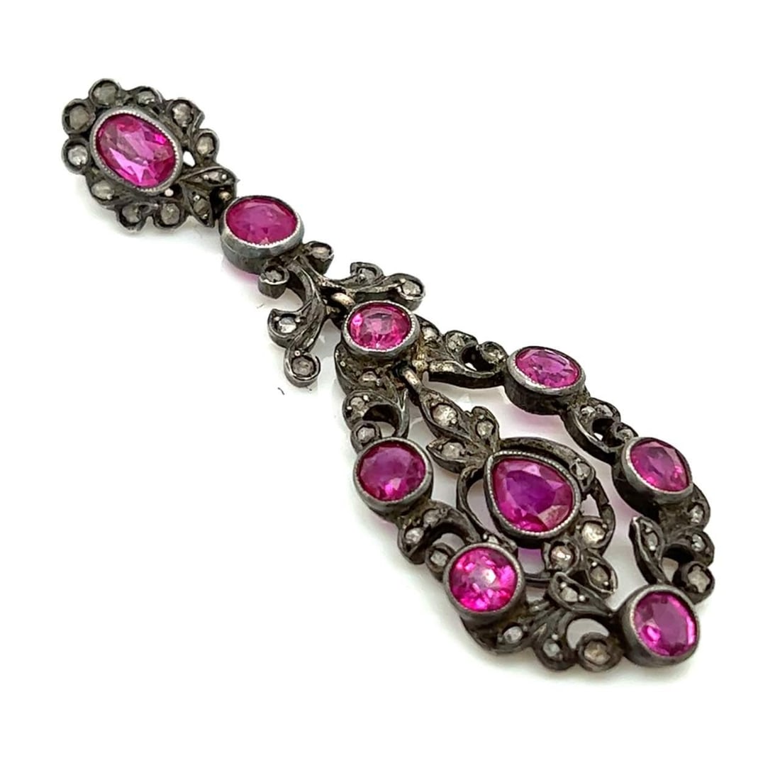 Victorian 18K Gold Silver Ruby Diamond Pendant 2.25 inches: Victorian 18K Gold Silver Ruby Diamond Pendant 2.25 inches This exquisite Victorian pendant features a stunning combination of 18K gold and silver, adorned with 9 Burma no heat rubies totaling approxi