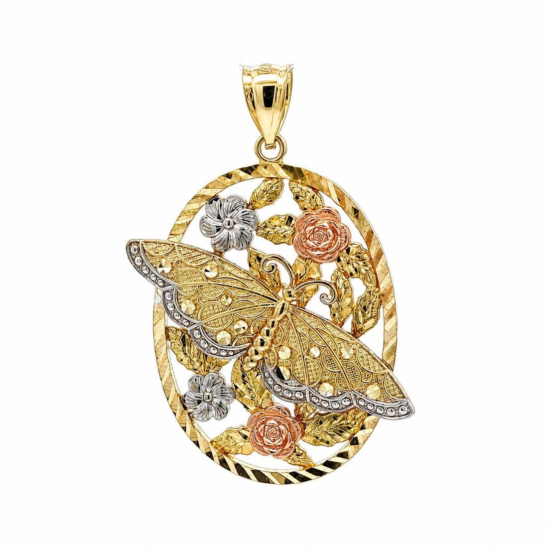 14k Gold Butterfly Flower Scene Pendant Tri Color Textured Diamond Cut: 14k Gold Butterfly Flower Scene Pendant Tri Color Textured Diamond Cut Pre-owned women's pendant crafted in 14k solid yellow gold with rose and white gold accents. This tri-color design features a det