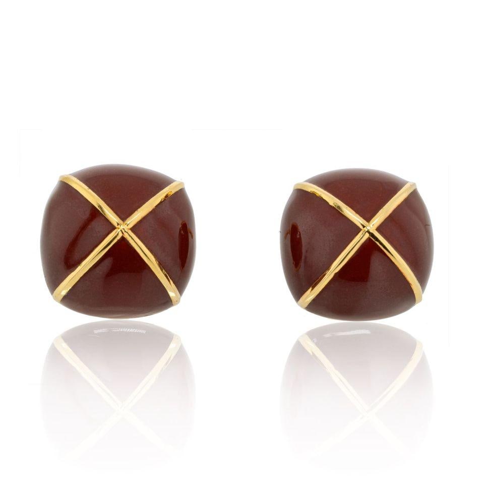 David Webb 18K Yellow Gold Brown Enamel Square Cushion Clip-On Earrings: David Webb 18K Yellow Gold Brown Enamel Square Cushion Clip-On Earrings Experience the luxurious allure of these David Webb large square cushion clip-on earrings. Crafted from opulent 18K yellow gold,