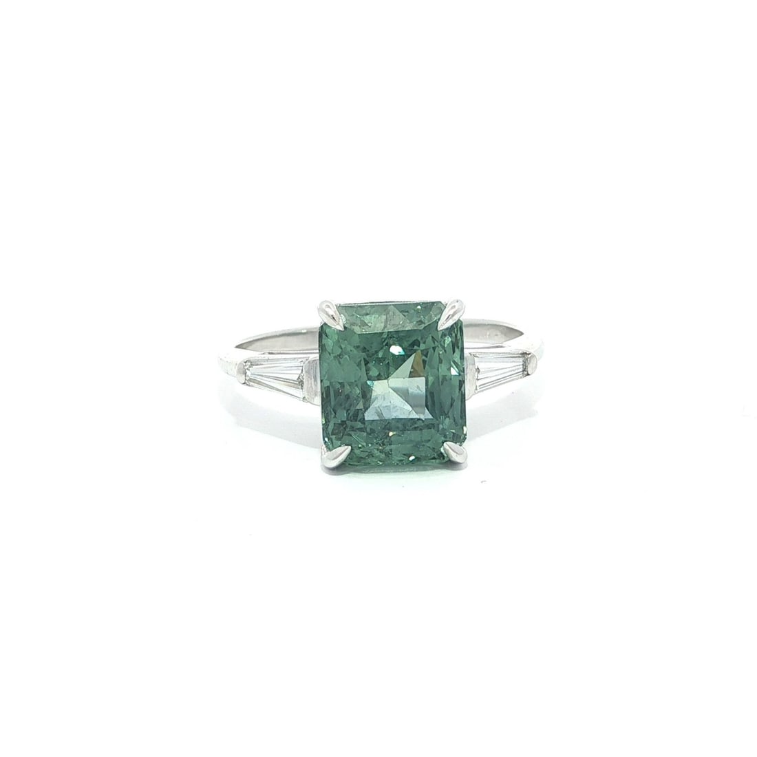 GIA Certified 6.01ct Natural Burma Sapphire Platinum Diamond Ring: GIA Certified 6.01ct Natural Burma Sapphire Platinum Diamond Ring This exquisite Platinum ring features a stunning natural greenish-blue sapphire from Burma, weighing 5.61 carats. The octagonal step-c