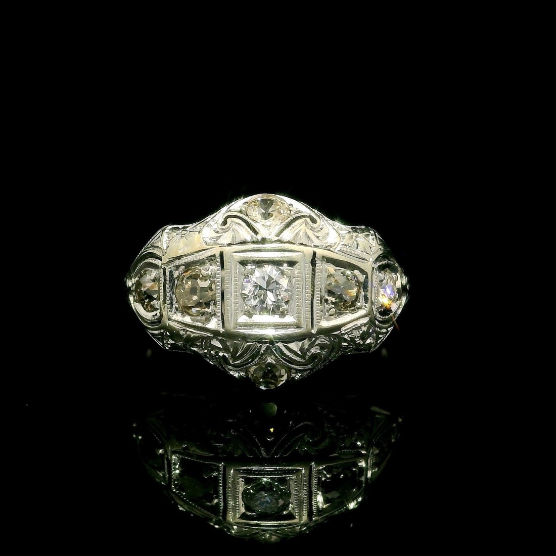 Antique Art Deco Jabel 18k White Gold Diamond Filigree Ring 0.60ct: Antique Art Deco Jabel 18k White Gold Diamond Filigree Ring 0.60ct This exquisite Antique Art Deco ring by Jabel features intricate engraved filigree work, crafted from solid 18k white gold. The ring 