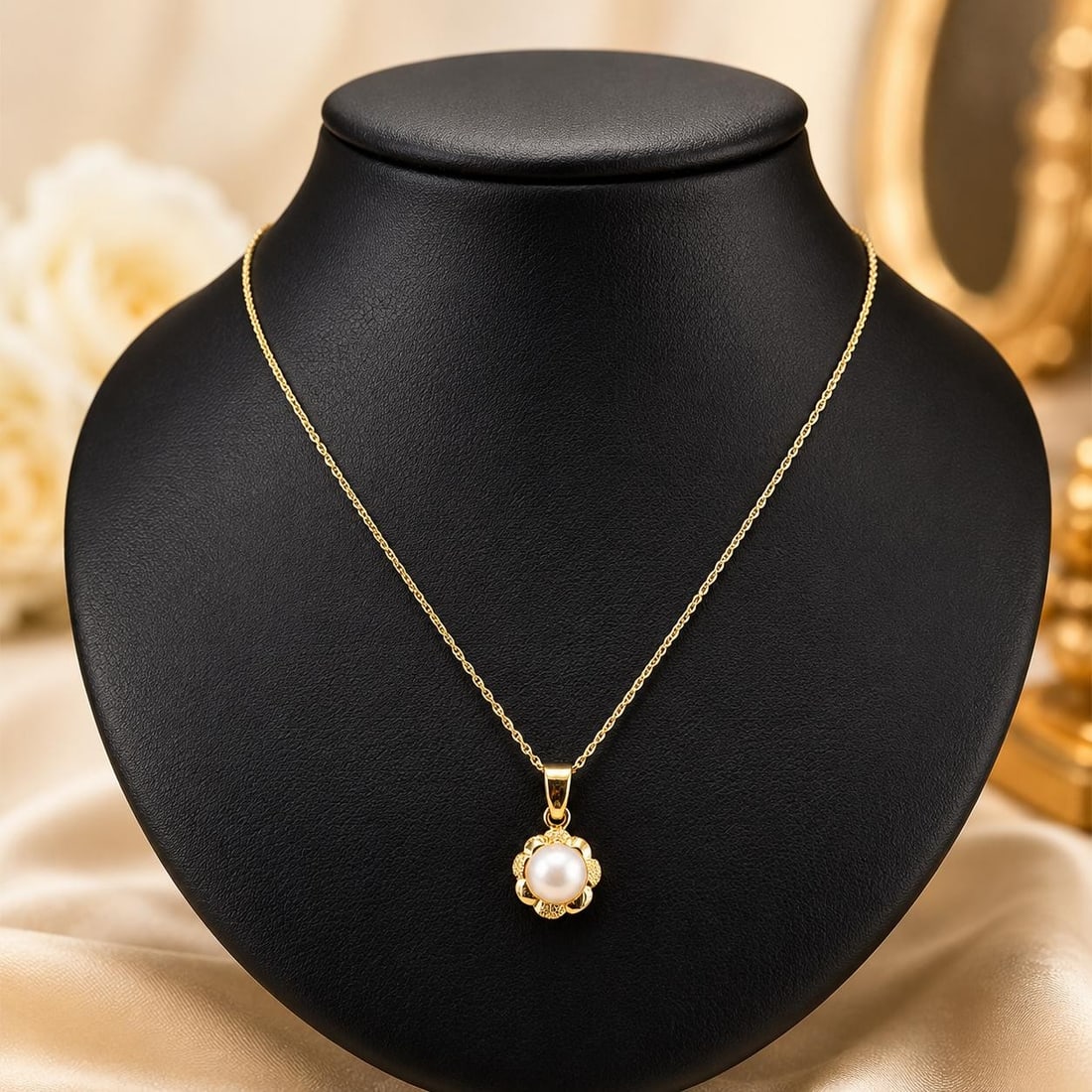Unbranded Pearl Flower Pendant Necklace 18k Gold 14k Rope Chain 18in: Unbranded Pearl Flower Pendant Necklace 18k Gold 14k Rope Chain 18in Elegant women's necklace featuring a flower pendant set with one genuine cultured round pearl in white. The pendant is crafted in s