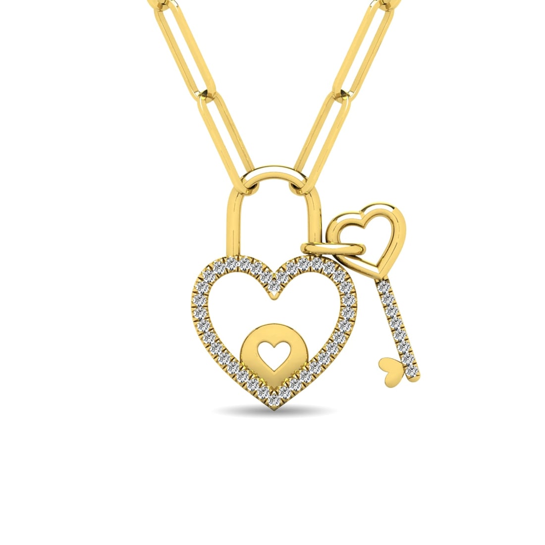 Diamond 1/6 Ct.Tw. Lock and Key Pendant in 10K Yellow Gold: Diamond 1/6 Ct.Tw. Lock and Key Pendant in 10K Yellow Gold 10k Yellow Gold Stone Color: H-i Stone Clarity: I1 Unless otherwise specified, pendants that include a chain are paired with our standard 18-