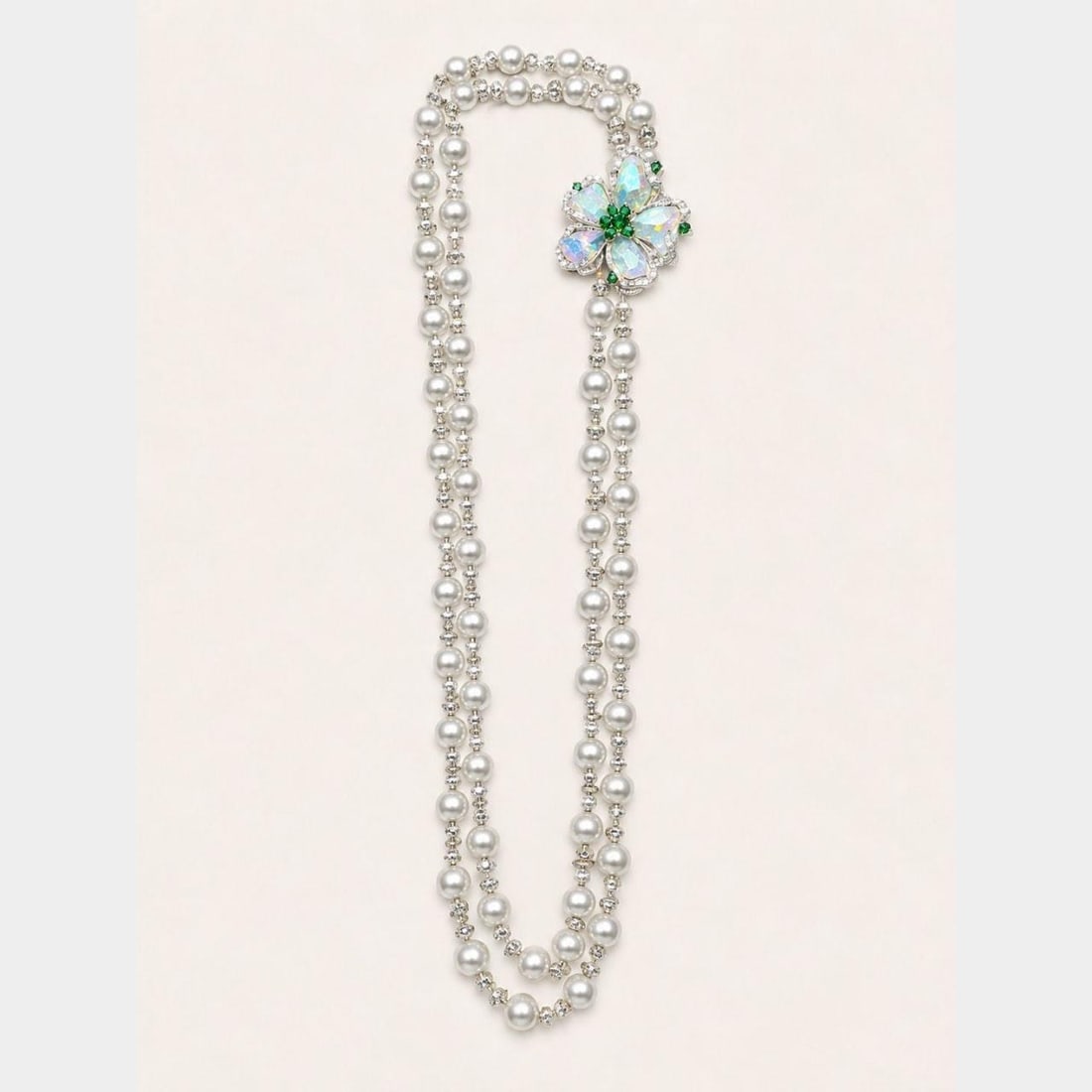 18K White Gold Necklace by Schreiner with Pearls Diamonds Opals Emeralds 42 In: 18K White Gold Necklace by Schreiner with Pearls Diamonds Opals Emeralds 42 In Pre-owned SCHREINER necklace crafted in 18K white gold and set with South Sea pearls, diamonds, opals, and emeralds. The 