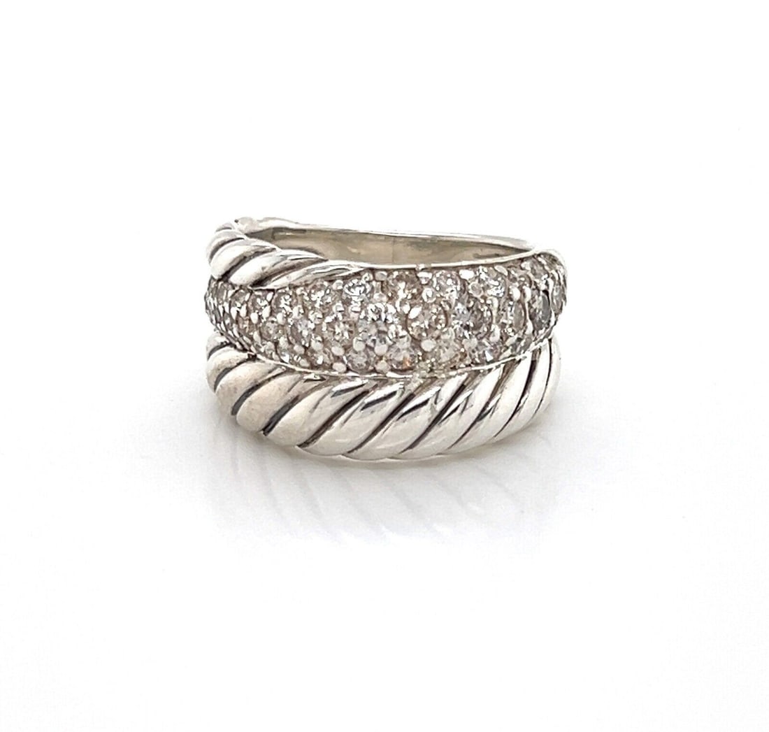 David Yurman Double Row Cable Band Ring Sterling Silver Pave Diamond Size 5: David Yurman Double Row Cable Band Ring Sterling Silver Pave Diamond Size 5 David Yurman double row cable band ring in sterling silver, featuring the brand's signature twisted cable design with pave-s