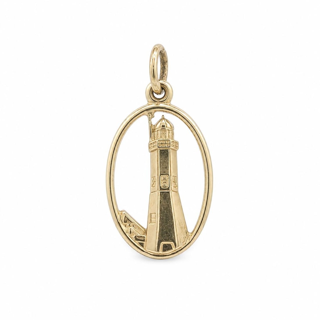 Oval Lighthouse Scene Charm Pendant in 14k Yellow Gold Vintage: Oval Lighthouse Scene Charm Pendant in 14k Yellow Gold Vintage Vintage collectible charm pendant featuring an oval lighthouse scene design. Crafted in solid 14k yellow gold with a 10k yellow gold bail