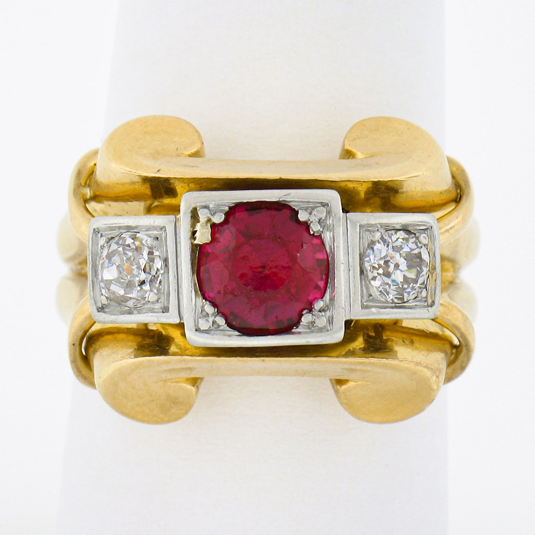 Antique 18K Gold Platinum 3-Stone Red Diamond Cocktail Ring: Antique 18K Gold Platinum 3-Stone Red Diamond Cocktail Ring This exquisite antique cocktail ring showcases an elegant design crafted from solid 18K yellow gold and platinum. At its center lies a stunn
