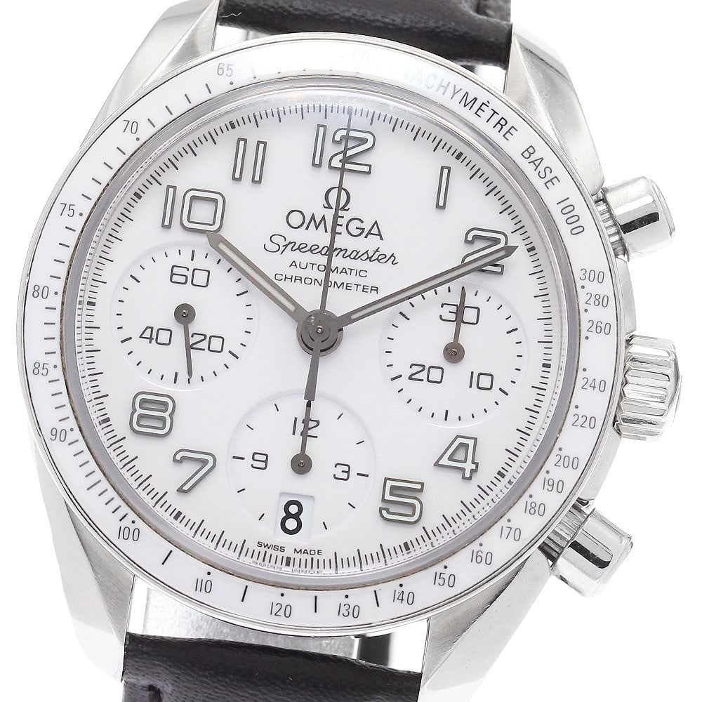 OMEGA Speedmaster 324.33.38.40.04.001 Ladies Chronograph Watch White Dial: OMEGA Speedmaster 324.33.38.40.04.001 Ladies Chronograph Watch White Dial Pre-owned Omega Speedmaster Date chronograph ladies wristwatch with a white dial and automatic movement. This stainless steel 