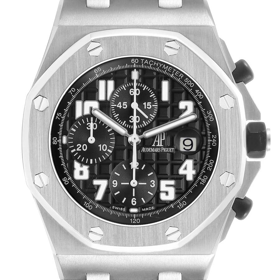 Audemars Piguet 26170ST Royal Oak Offshore mens watch with papers: Audemars Piguet 26170ST Royal Oak Offshore mens watch with papers Audemars Piguet Royal Oak Offshore men's watch featuring a black Arabic chronograph dial, fixed steel bezel, and black leather strap. 