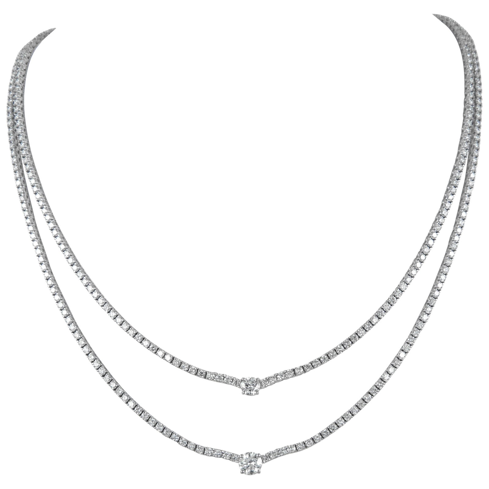 13.48ct Diamond Tennis Necklace 18k White Gold: 13.48ct Diamond Tennis Necklace 18k White Gold This stunning 13.48ct Diamond 2-Row Tennis Necklace is crafted in luxurious 18k White Gold, showcasing an exquisite design that embodies contemporary ele