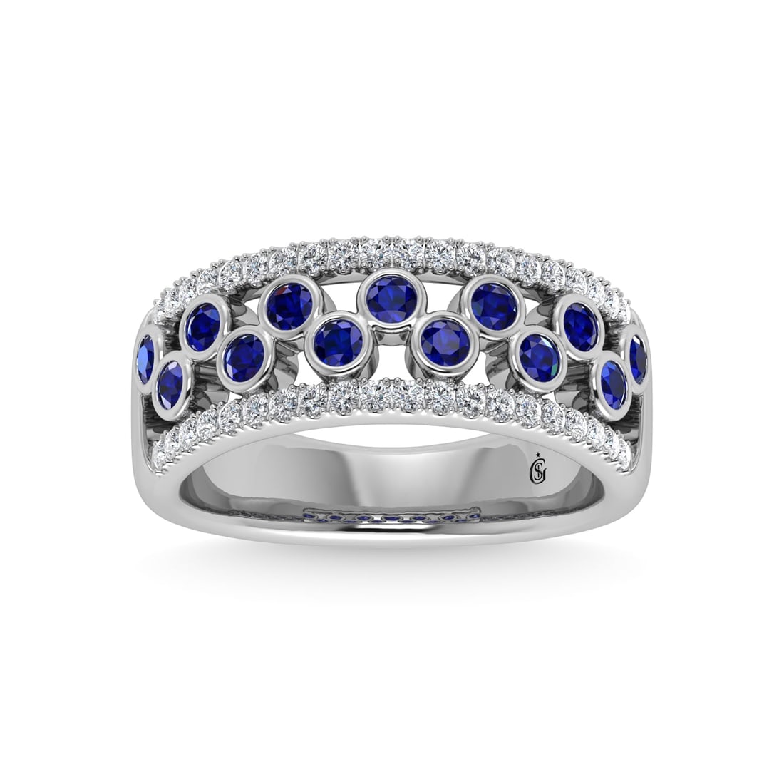 14K White Gold Diamond and Blue Sapphire 3/4 Ct.Tw. Fashion Ring: 14K White Gold Diamond and Blue Sapphire 3/4 Ct.Tw. Fashion Ring 14k White Gold Stone Color: G-h Stone Clarity: I1-i2 Each ring is presented in standard size 6.5. Complimentary resizing is available b