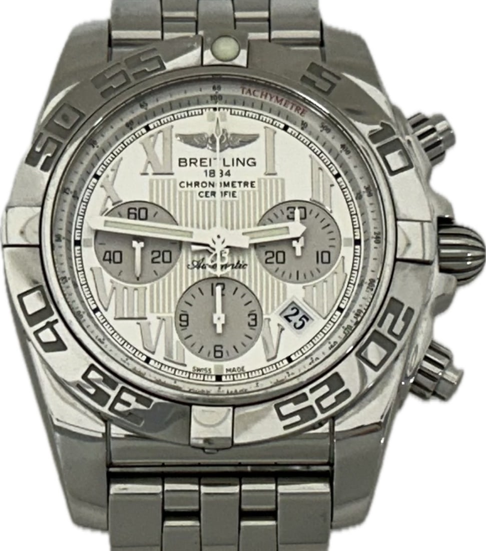 Breitling Chronomat 44 AB0110 automatic mens stainless steel wristwatch: Breitling Chronomat 44 AB0110 automatic mens stainless steel wristwatch Breitling Chronomat 44 men's automatic wristwatch, reference AB0110, with a stainless steel case and band in silver tone. It fea