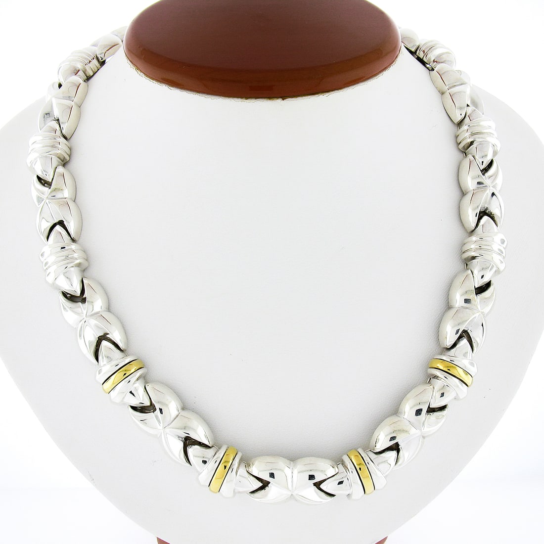 Elegant Designer Sterling Silver 18K Gold Puffed X Link Necklace 17.5 Inch: Elegant Designer Sterling Silver 18K Gold Puffed X Link Necklace 17.5 Inch This exquisite Designer Collier Necklace showcases a stunning combination of solid sterling silver and 18K yellow gold. Measu