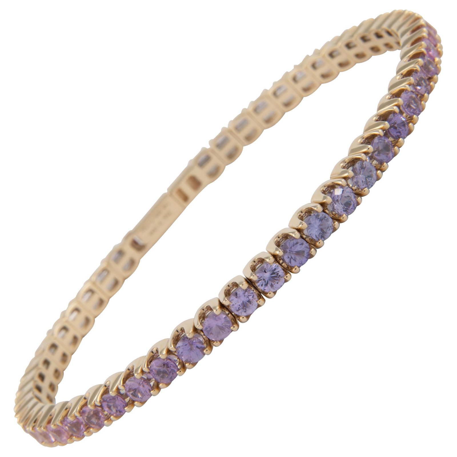6.43ct Pink Purple Sapphire Tennis Bracelet 14k Gold: 6.43ct Pink Purple Sapphire Tennis Bracelet 14k Gold This stunning tennis flex bracelet features a captivating array of 48 round-cut pink to purple sapphires, totaling 6.43 carats. Each sapphire is el