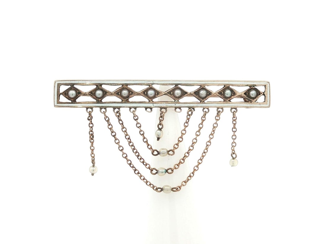 Belle Epoque 10k Yellow Gold Bar Pin with Seed Pearls White Enamel Tassel: Belle Epoque 10k Yellow Gold Bar Pin with Seed Pearls White Enamel Tassel Antique Belle Epoque bar pin crafted in solid 10k yellow gold with white enamel work and accented by natural seed pearls. This