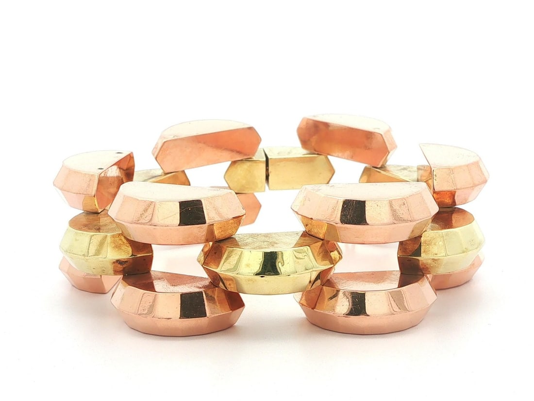 Retro 13 14k Yellow Rose Gold Domed Faceted Bracelet 21.7mm: Retro 13 14k Yellow Rose Gold Domed Faceted Bracelet 21.7mm This vintage retro bracelet features a bold, domed design crafted from solid 13-14k yellow and rose gold. The faceted geometric open link co