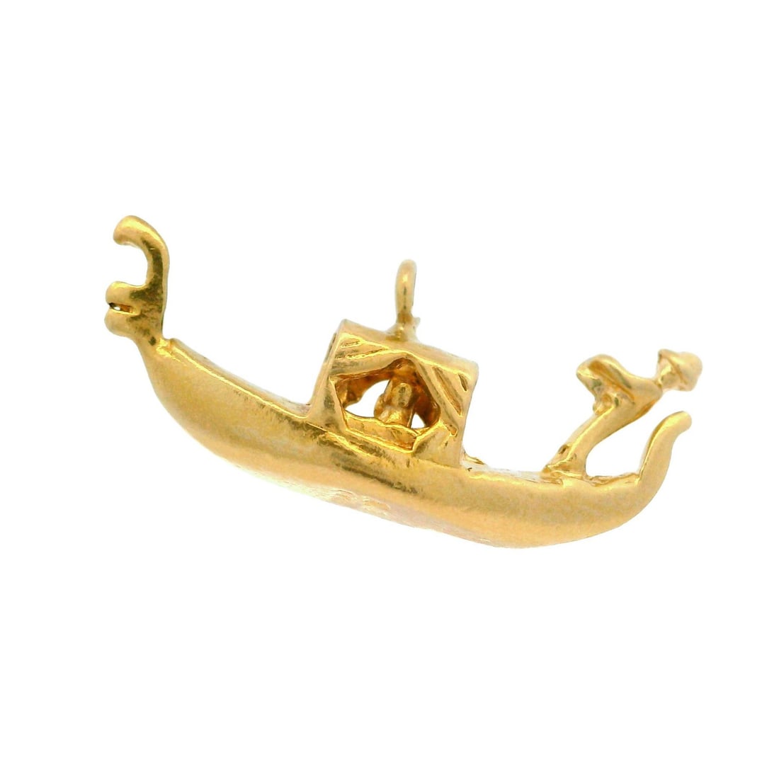 14k Yellow Gold Gondola Charm Pendant Italian Boat with Two Passengers: 14k Yellow Gold Gondola Charm Pendant Italian Boat with Two Passengers This vintage charm pendant features a detailed Italian gondola boat with two passengers, crafted in solid 14k yellow gold. The