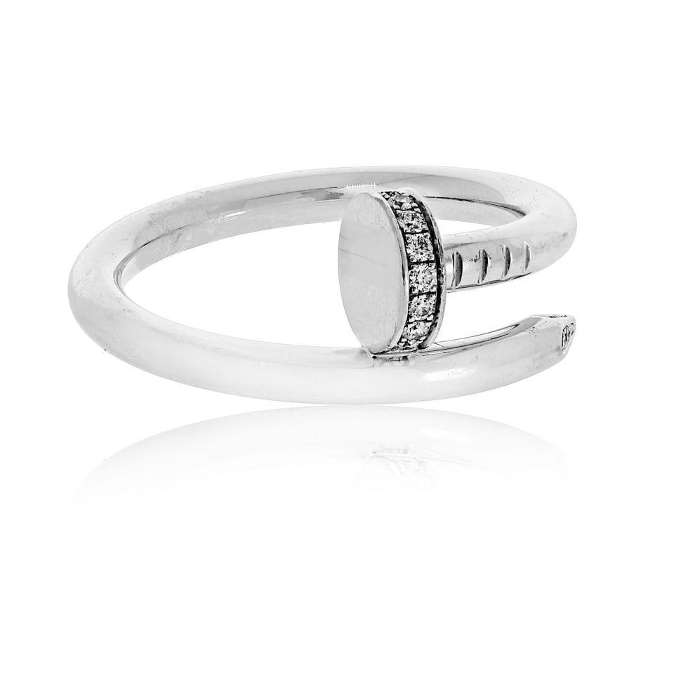 Cartier Juste Un Clou 18K White Gold Diamond Tip Ring Size 58: Cartier Juste Un Clou 18K White Gold Diamond Tip Ring Size 58 This Cartier Juste un Clou ring is crafted from 18K white gold and features a diamond-set tip, offering a modern and sophisticated reinter