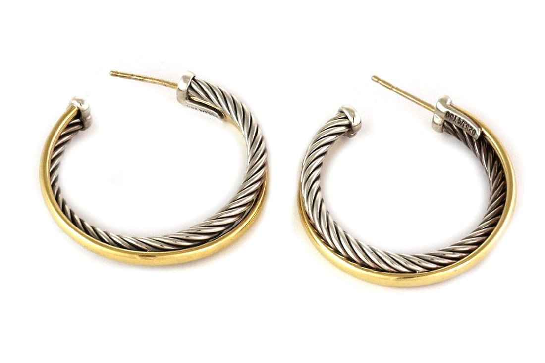 David Yurman Crossover Hoop Earrings Sterling Silver 18k Bonded Yellow Gold: David Yurman Crossover Hoop Earrings Sterling Silver 18k Bonded Yellow Gold Pre-owned David Yurman crossover hoop earrings in sterling silver and 18k bonded yellow gold. These signed earrings feature 