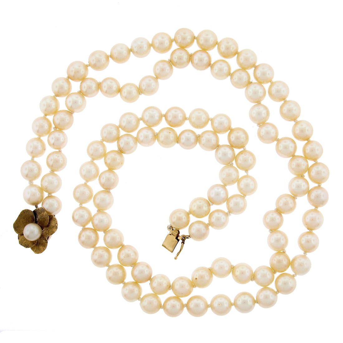 16 Inch Dual Strand Cultured Pearl Necklace with 14k Gold Pansy Clasp: 16 Inch Dual Strand Cultured Pearl Necklace with 14k Gold Pansy Clasp This exquisite 16-inch dual strand necklace features a stunning array of 7.5-8mm round cultured pearls in white, complemented by d