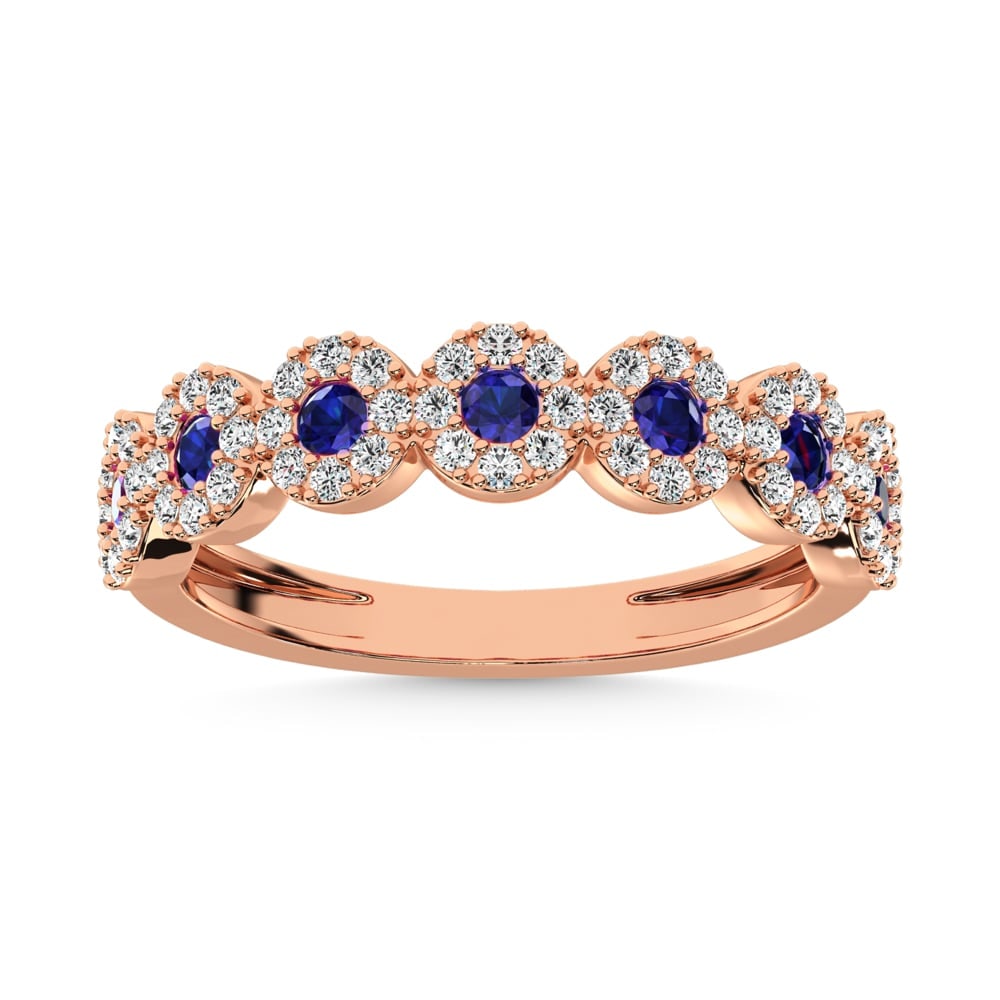 Diamond 5/8 Ct.Tw. Diamond and Blue Sapphire Stackable Band in 14K Rose Gold: Diamond 5/8 Ct.Tw. Diamond and Blue Sapphire Stackable Band in 14K Rose Gold 14k Rose Gold Stone Clarity: I1 Each ring is presented in standard size 6.5. Complimentary resizing is available between si