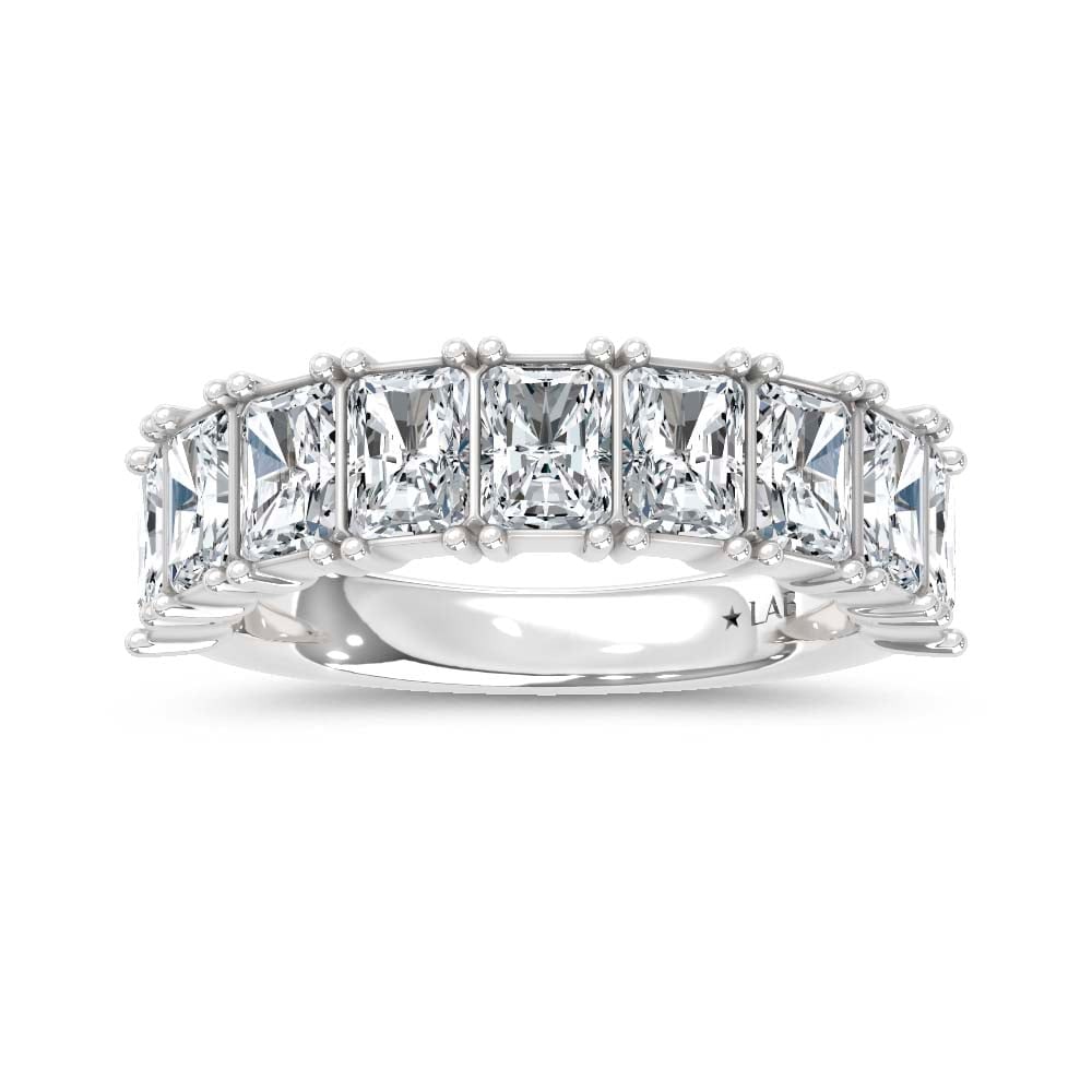 14K White Gold Lab Grown Diamond Radiant Cut Shape 3 Ct.Tw. Half Way Band: 14K White Gold Lab Grown Diamond Radiant Cut Shape 3 Ct.Tw. Half Way Band 14k White Gold Stone Color: D-f Stone Clarity: Vs Each ring is presented in standard size 6.5. Complimentary resizing is avail