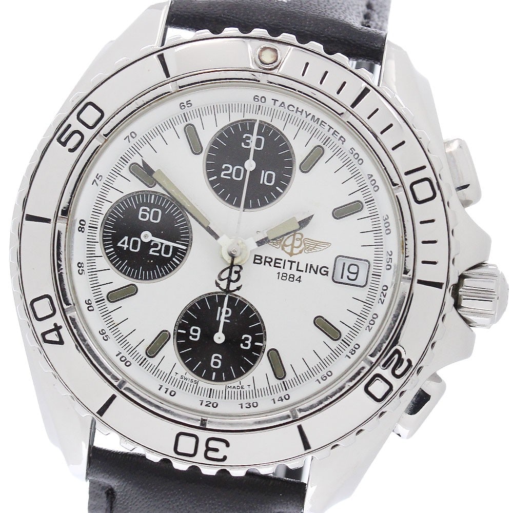 Breitling Chrono Shark A13051 mens automatic chronograph date watch: Breitling Chrono Shark A13051 mens automatic chronograph date watch Pre-owned Breitling Chrono Shark automatic men's wristwatch with a stainless steel case, white and black dial, and leather aftermark