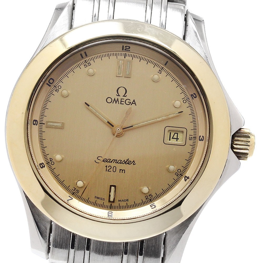 OMEGA Seamaster 120 Quartz Mens Watch Ref 2411.10 Date YG Bezel: OMEGA Seamaster 120 Quartz Mens Watch Ref 2411.10 Date YG Bezel OMEGA Seamaster 120 men's wristwatch, reference 2411.10, with a quartz movement and date function. It features an SS/YG case, SS bracele
