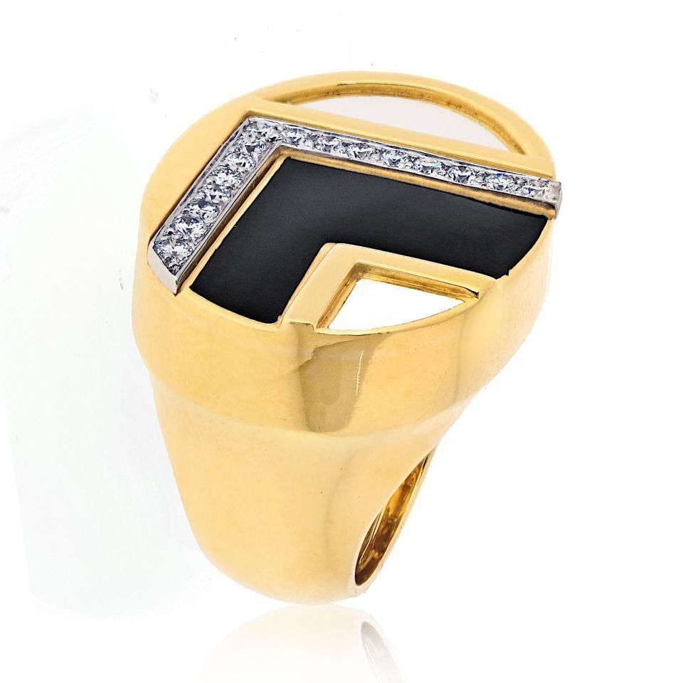 David Webb 18K Yellow Gold Enamel Diamond Cocktail Ring: David Webb 18K Yellow Gold Enamel Diamond Cocktail Ring This stunning David Webb ring features a bold geometrical motif crafted from 18K yellow gold, complemented by black and white enamel and adorned