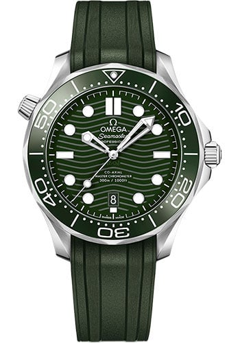 Omega Seamaster Diver Green Dial Rubber Strap Watch Ref 210.32.42.20.10.001: Omega Seamaster Diver Green Dial Rubber Strap Watch Ref 210.32.42.20.10.001 This Omega Seamaster Diver 300M Co-Axial Master Chronometer features a striking green dial and a rotating bezel. The watch i