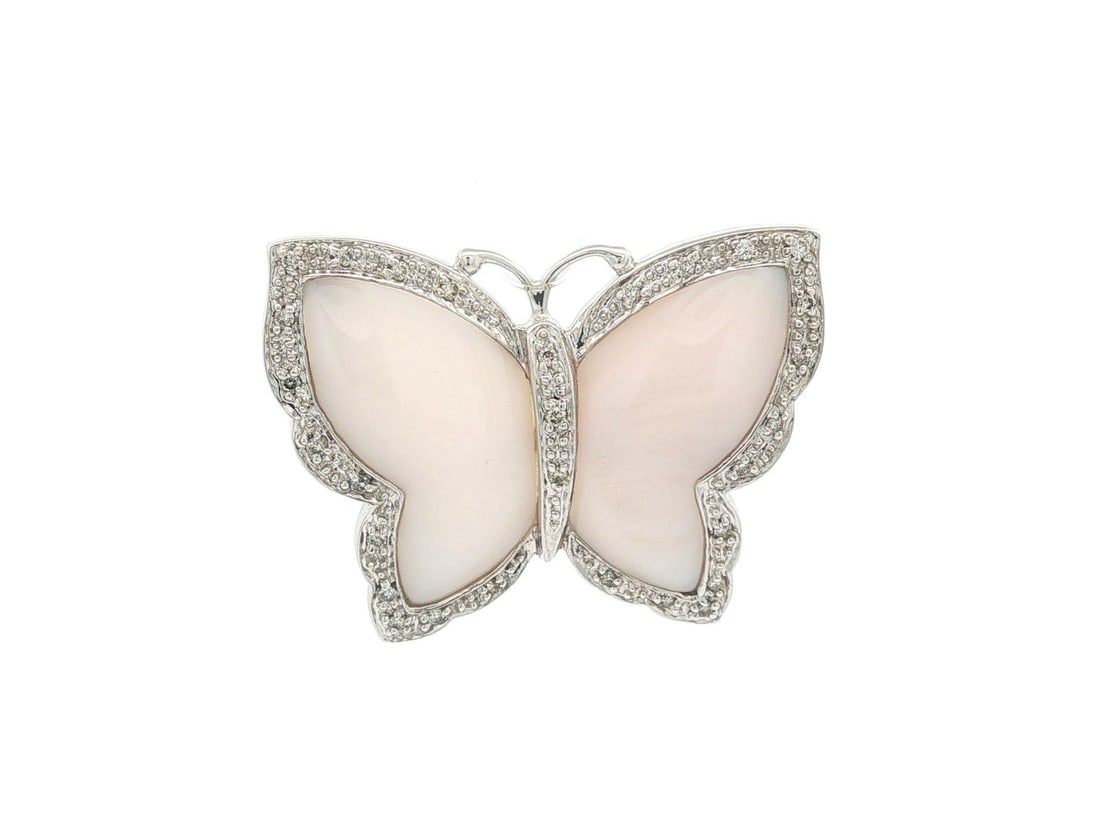 Butterfly Brooch 14k White Gold Mother of Pearl Pave Diamond Frame: Butterfly Brooch 14k White Gold Mother of Pearl Pave Diamond Frame Elegant butterfly brooch crafted in 14K solid white gold, featuring two custom-cut cultured mother of pearl inlays framed by numerous