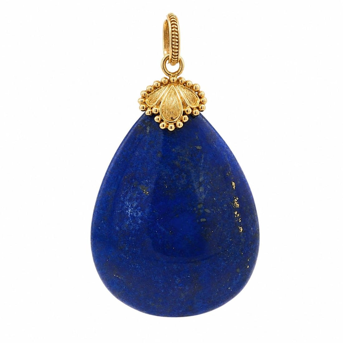 Unbranded 18k Yellow Gold Y Drop Pendant with Lapis Lazuli: Unbranded 18k Yellow Gold Y Drop Pendant with Lapis Lazuli Large teardrop lapis lazuli pendant featuring a natural blue polished stone set with an ornate solid 18k yellow gold bail and cap. This pre-o
