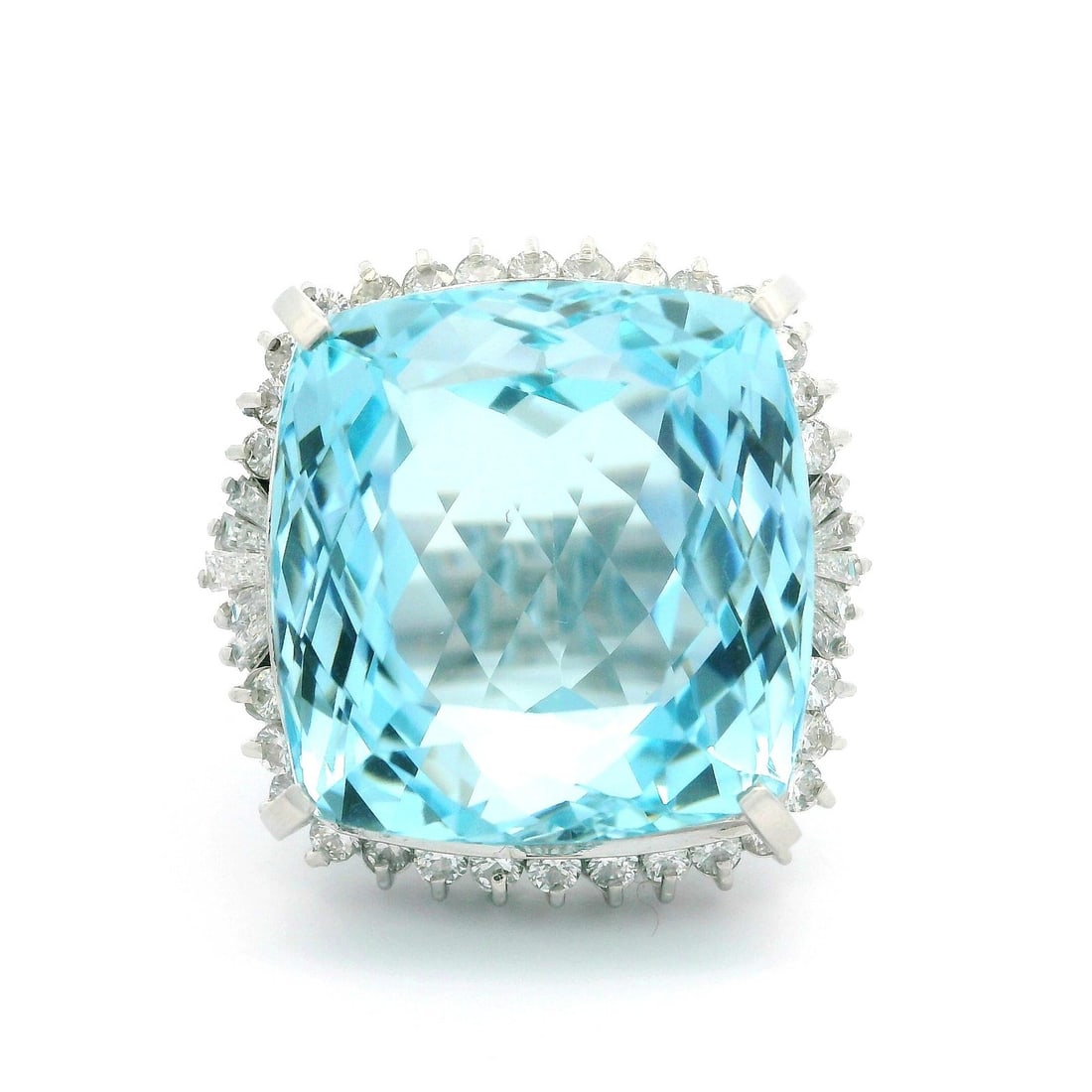 GIA Certified Platinum Cocktail Ring with 31.31ct Cushion Aquamarine Diamonds: GIA Certified Platinum Cocktail Ring with 31.31ct Cushion Aquamarine Diamonds Vintage large cocktail ring featuring a natural cushion-cut aquamarine accented by numerous diamonds. Crafted in solid 850