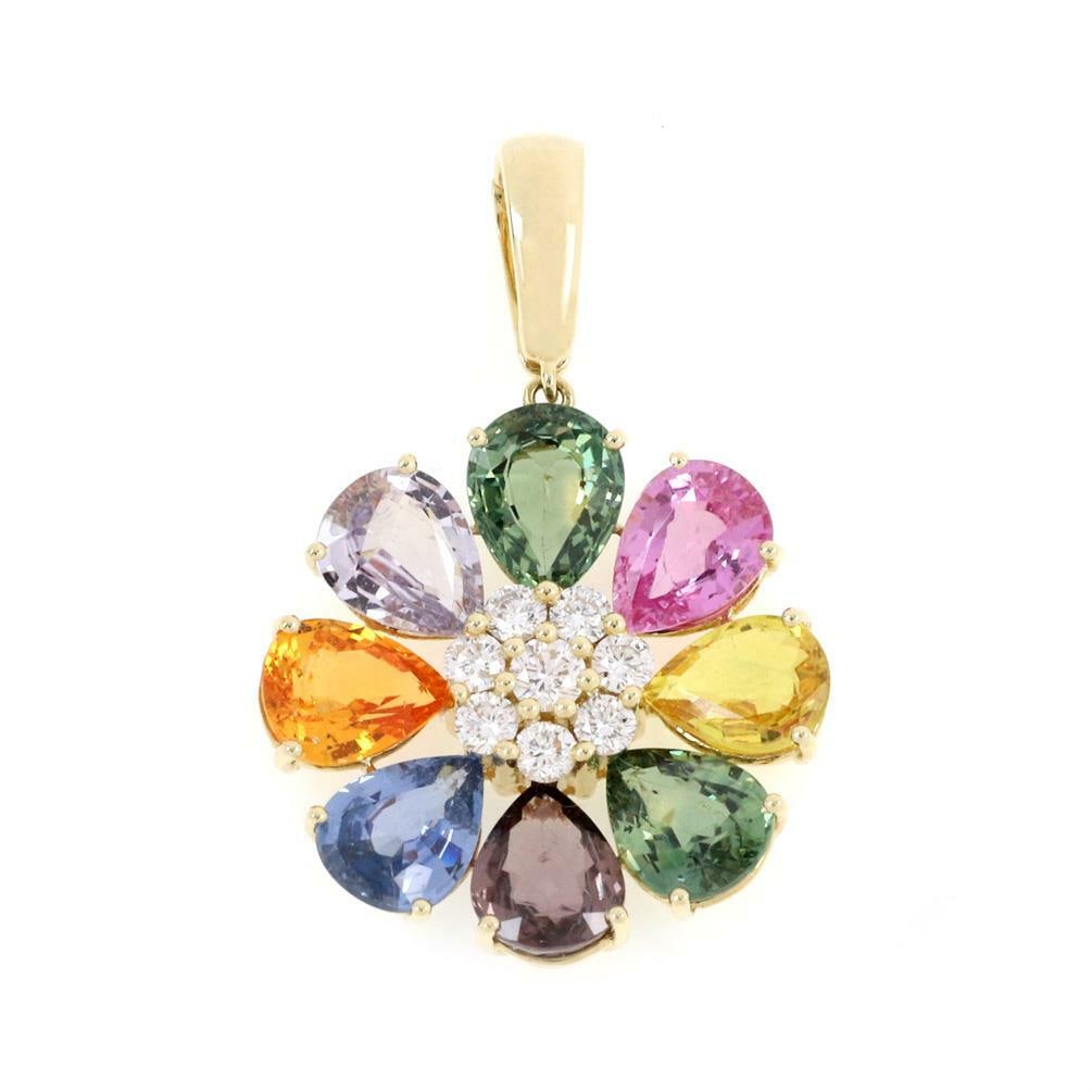 Stunning 18k Yellow Gold Flower Pendant with Sapphire and Diamond: Stunning 18k Yellow Gold Flower Pendant with Sapphire and Diamond This impressive flower pendant is crafted from luxurious 18k yellow gold, showcasing a polished finish that enhances its beauty. The p