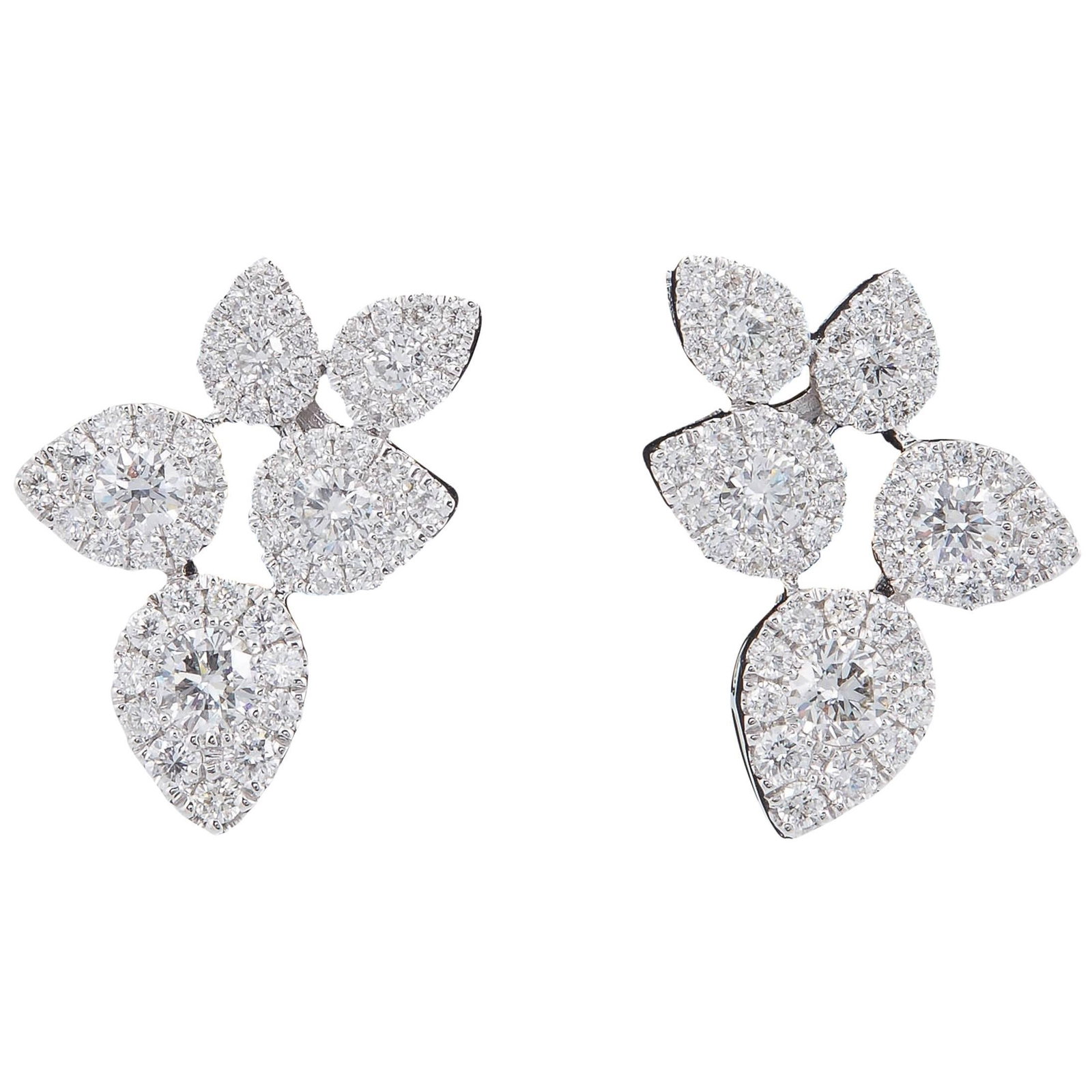 18K White Gold Flower Leaf Diamond Cluster Stud Earrings: 18K White Gold Flower Leaf Diamond Cluster Stud Earrings These cluster stud earrings feature a floral and leaf-inspired design crafted in 18k white gold. Set with a total of 116 round-cut diamonds, th