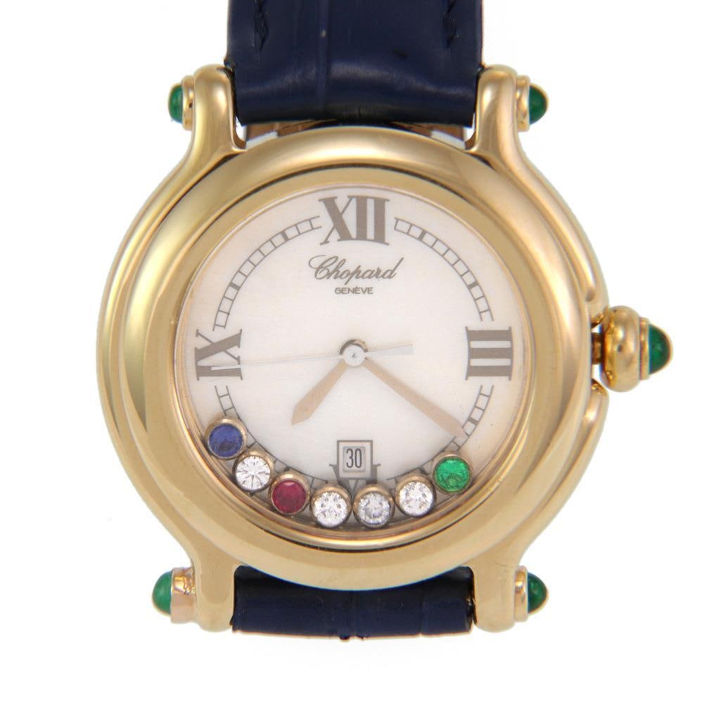 Chopard Happy Sport 18k Gold Diamond Ruby Emerald Sapphire Ladies Watch: Chopard Happy Sport 18k Gold Diamond Ruby Emerald Sapphire Ladies Watch Indulge in timeless elegance with this authentic Chopard Happy Sport ladies' watch, a true masterpiece crafted for those who app