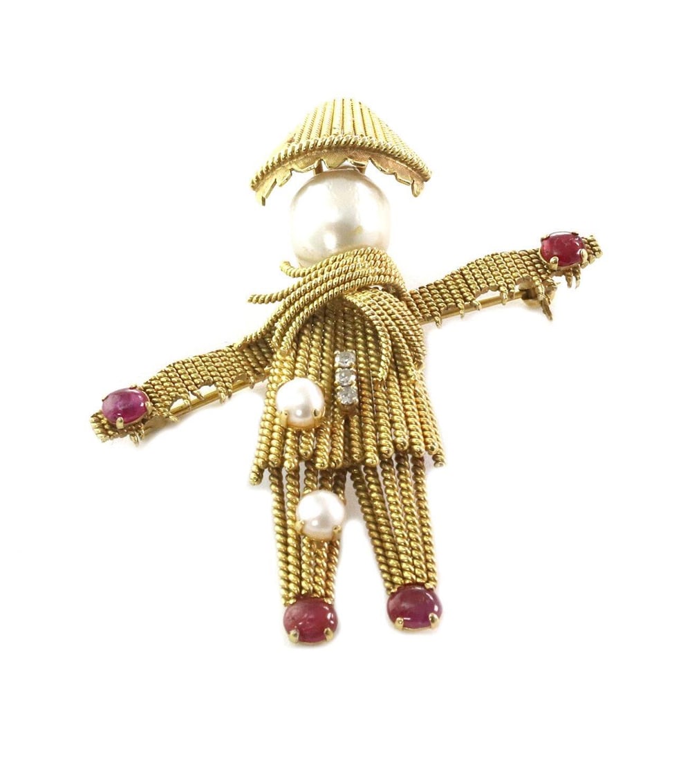 Vintage 14k Yellow Gold Scarecrow Brooch with Diamonds Rubies Pearls: Vintage 14k Yellow Gold Scarecrow Brooch with Diamonds Rubies Pearls Celebrate the charm of this vintage estate piece, a unique brooch crafted from 14k yellow gold in the whimsical shape of a scarecro