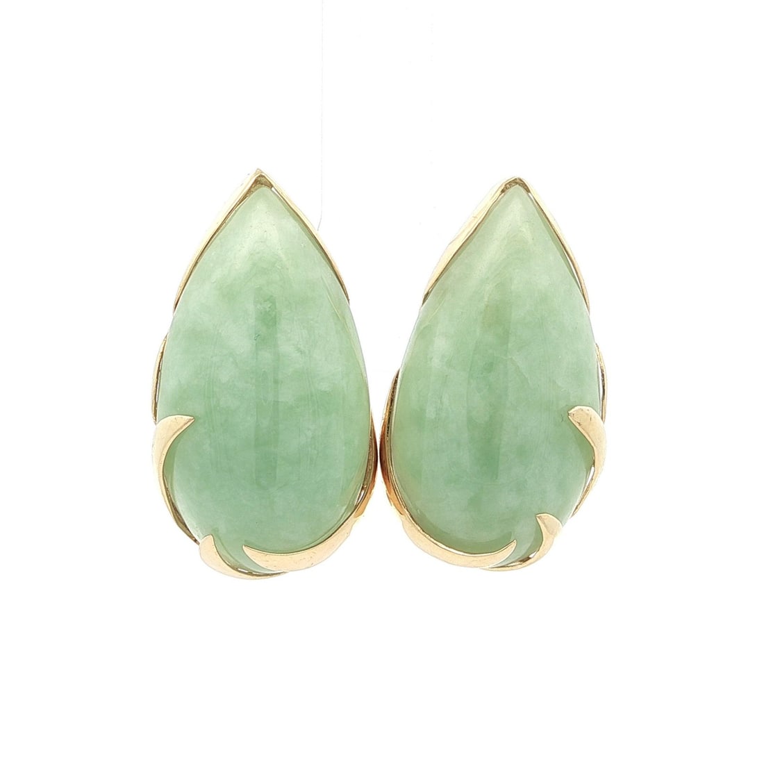 Vintage Yellow Gold Omega Earrings with Large Green Jade Cabochon: Vintage Yellow Gold Omega Earrings with Large Green Jade Cabochon These exquisite vintage earrings feature large pear-shaped cabochon jade stones, each prong set and showcasing a mottled medium green 